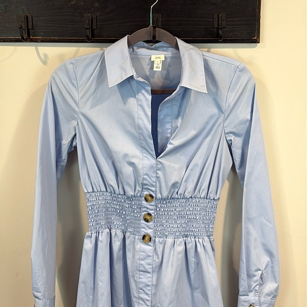 River Island Blue Cotton Blend Long Sleeve Elastic Waist Mini Shirt Dress Size 2 - Picture 3 of 7